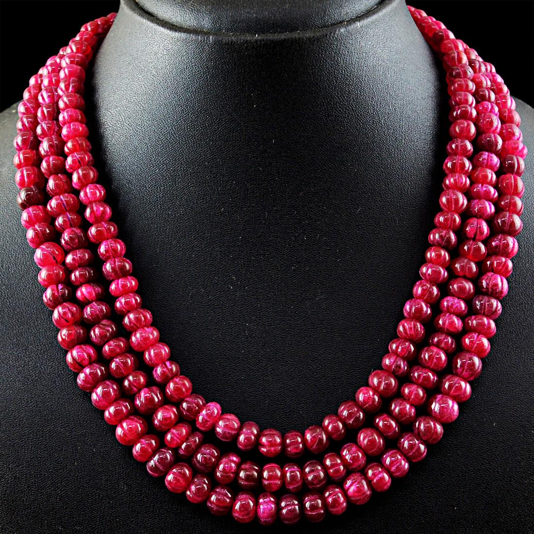 Genuine Red Ruby 3 Lines Carved Beads Necklace (1 of 2)
