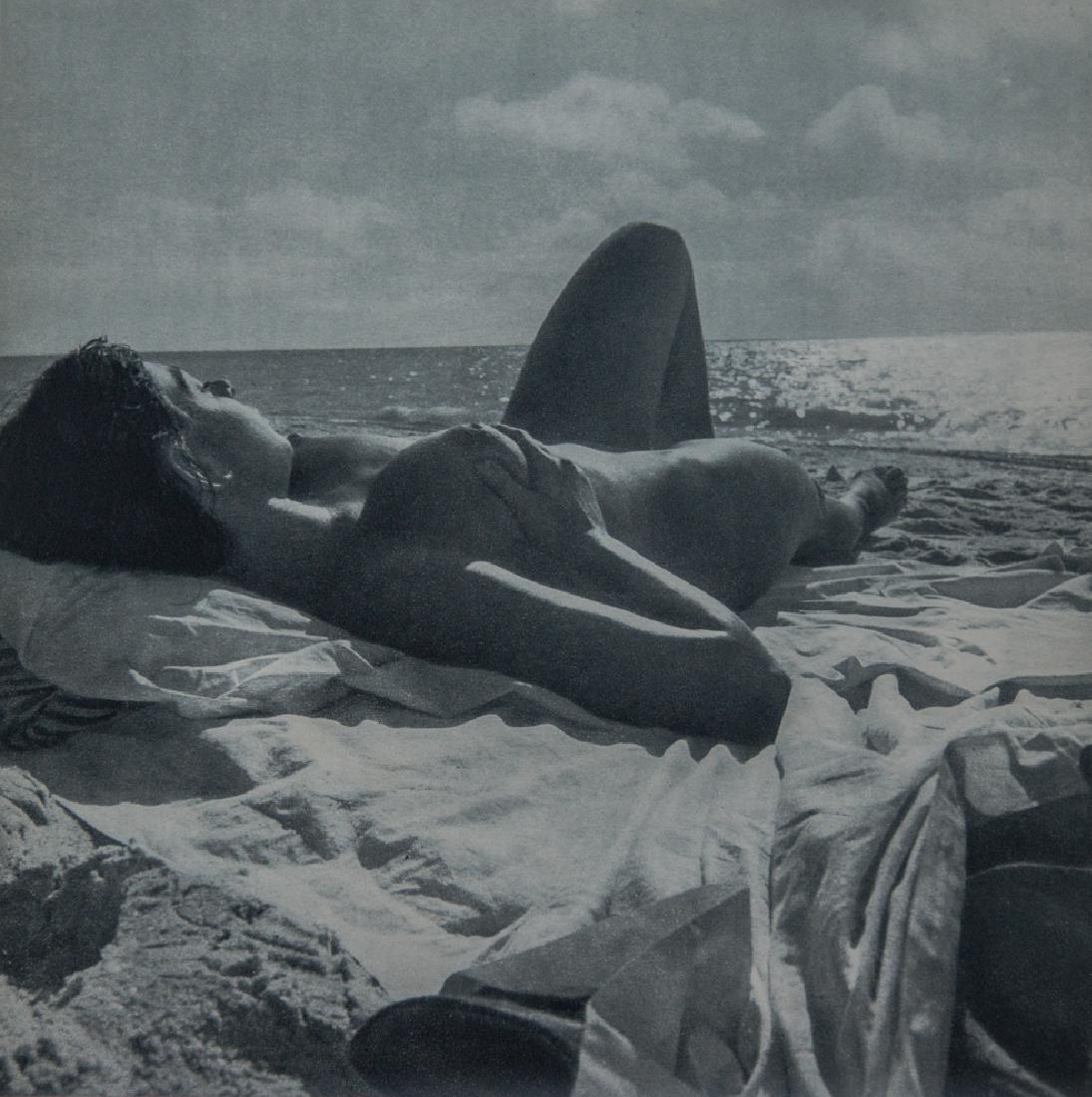 ANDRE DE DIENES - Beach Nude: Artist: Andre De Dienes Title: Beach Nude Medium: Sheet Fed Gravure, 1950s, France Dimensions: 9.35x9.25" Heat Wax Mounted on 12x16" Conservation Board Andre De Dienes was a Hungarian photographer, no