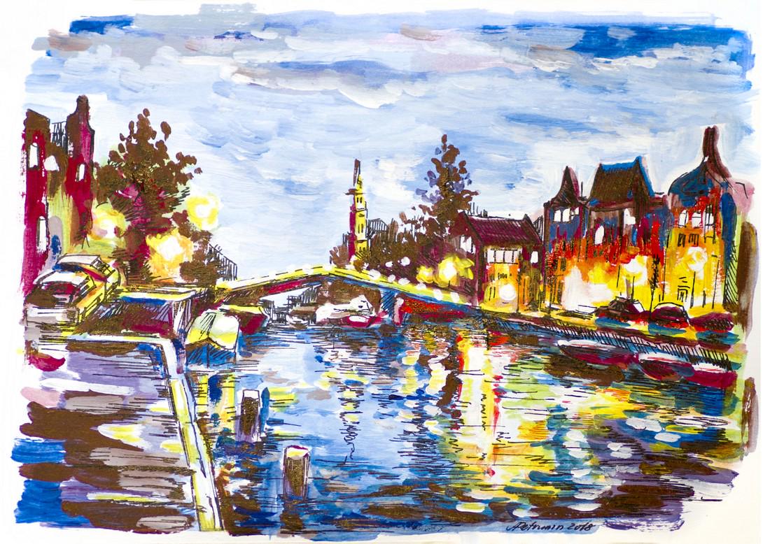 Amsterdam Never Sleeps Original Acrylic Painting Signed: Amsterdam Never Sleeps Original Acrylic Painting Signed Artist: Aleksandr Petrunin (b. 1974) Medium: Natural 100% Cotton Paper. Acrylic painting, black iron-gall ink on paper. Size/Format: 8.3"x11.7"