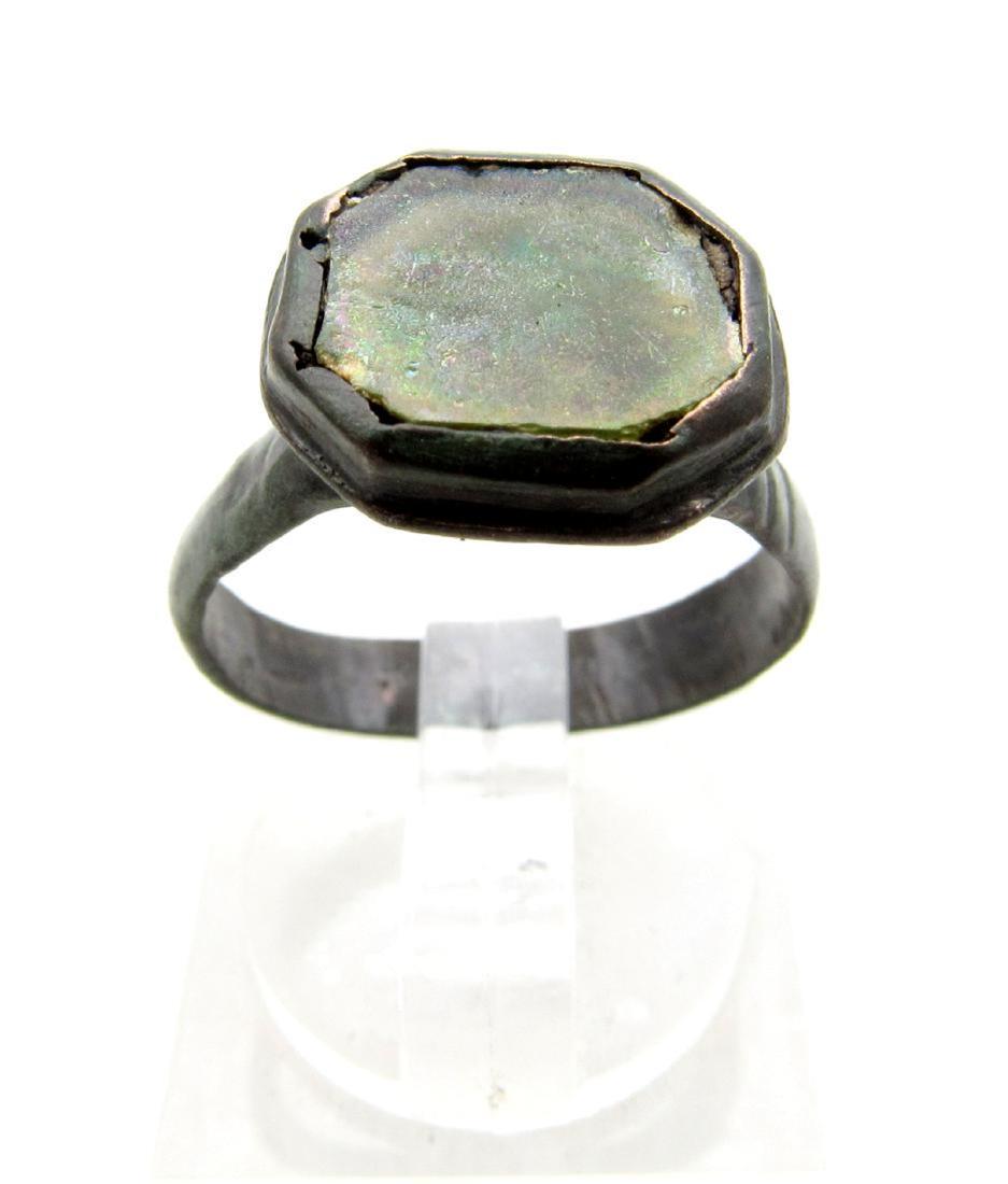 Medieval Bronze Decorated Ring with Glass Bezel (1 of 3)