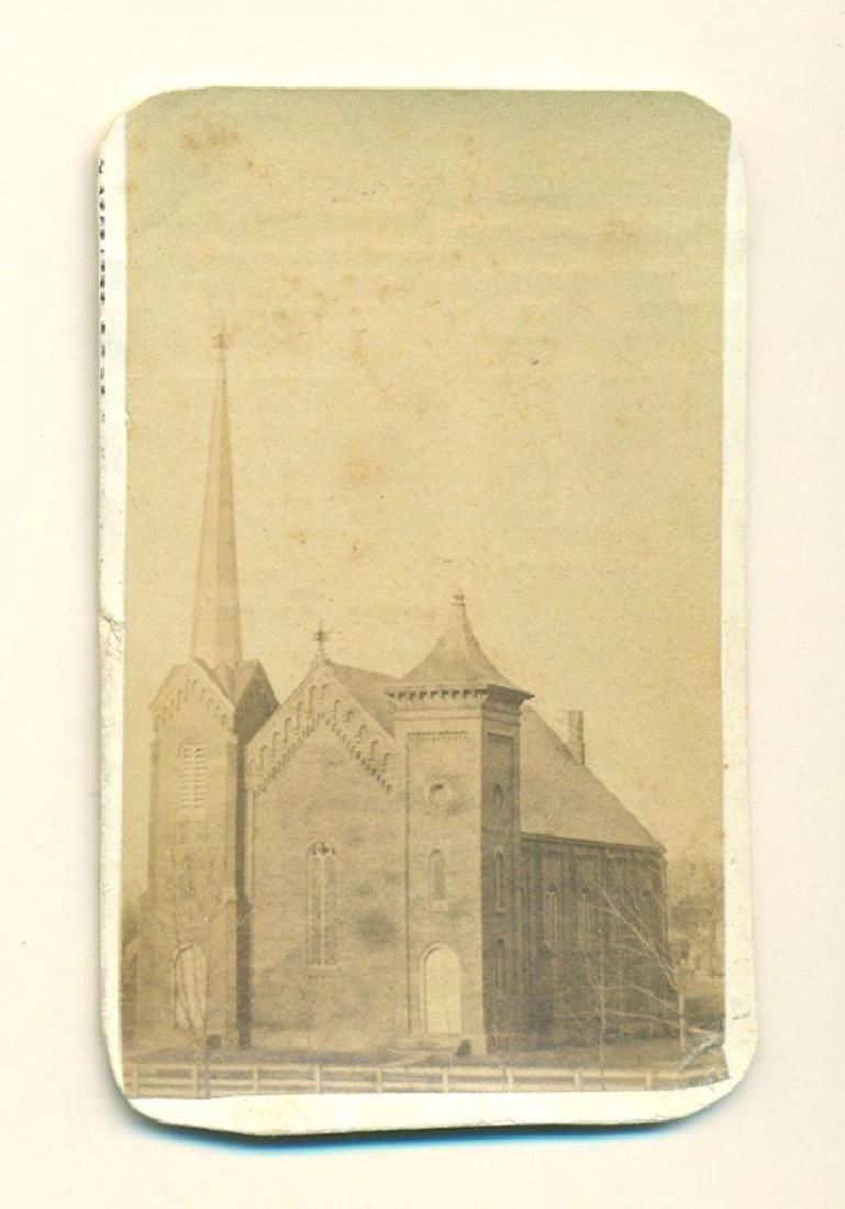 ca.1870 HISTORIC PRESBYTERIAN ? CHURCH OHIO w COSHOCTON: ca.1870 HISTORIC PRESBYTERIAN ? CHURCH OHIO w COSHOCTON OH ADVERTISEMENT on BACK ca.1870 HISTORIC PRESBYTERIAN ? CHURCH OHIO w COSHOCTON OH ADVERTISEMENT on BACK Circa 1870s CDV (carte-de-visite) Phot