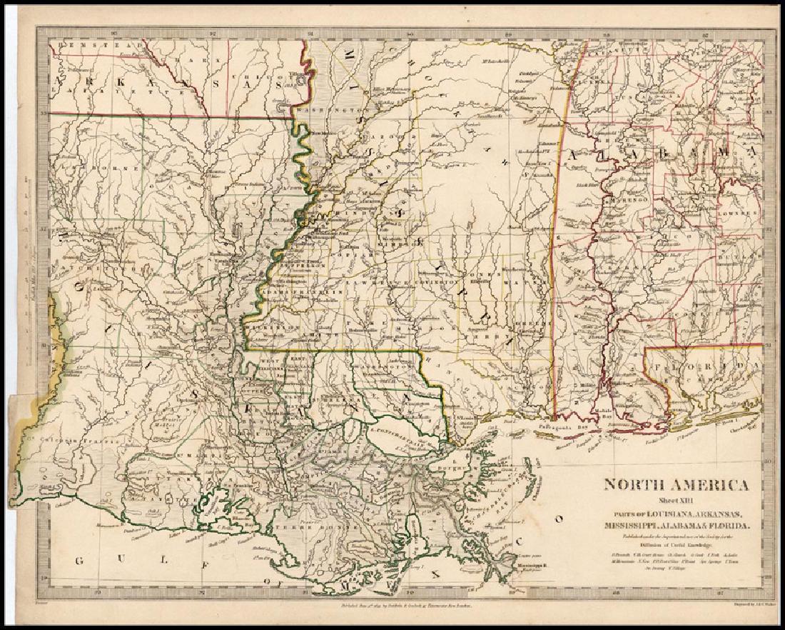 SDUK Louisiana, Mississippi and part of Alabama: “North America/ Sheet XIII/ Parts of Louisiana, Arkansas, Mississippi, Alabama & Florida.” London: SDUK & Baldwin & Gradock, 1833. 12 1/4 x 15 1/2. Engraving by J. & C. Walker. Original outline co