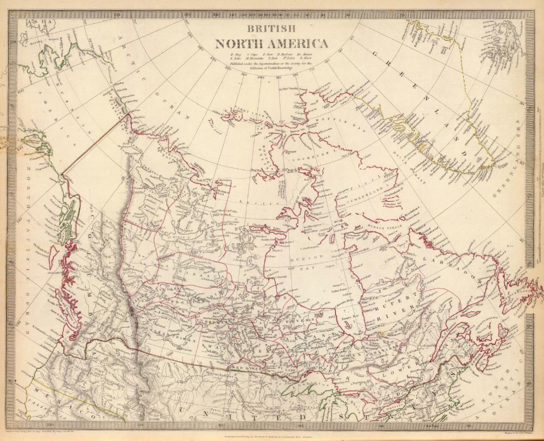 SDUK Canada 1834: “British North America.” London: Baldwin & Gradock, 1834. 12 1/2 x 15 5/8. Engraving by J.&C. Walker. Original outline color. Very good condition. Please note that this lot has a confidential rese