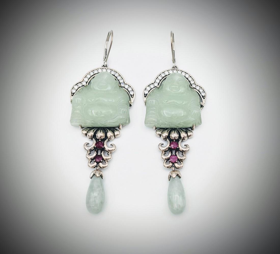 Sterling Silver Buddha Designed Earrings with Jade, (1 of 4)