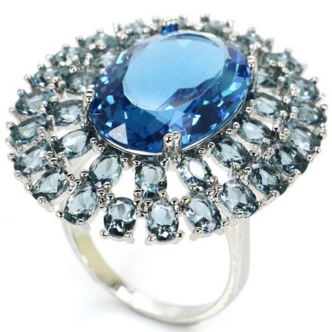 London Blue Topaz White CZ Silver Ring US sz8.5# (1 of 2)
