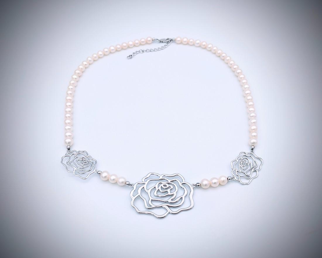 Sterling Silver Winged Flower Designed Pearl Necklace (1 of 3)