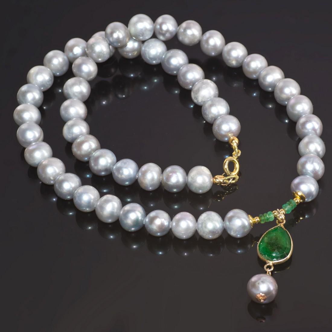 Silver Pearl and Emerald Vintage Style Necklace with (1 of 3)