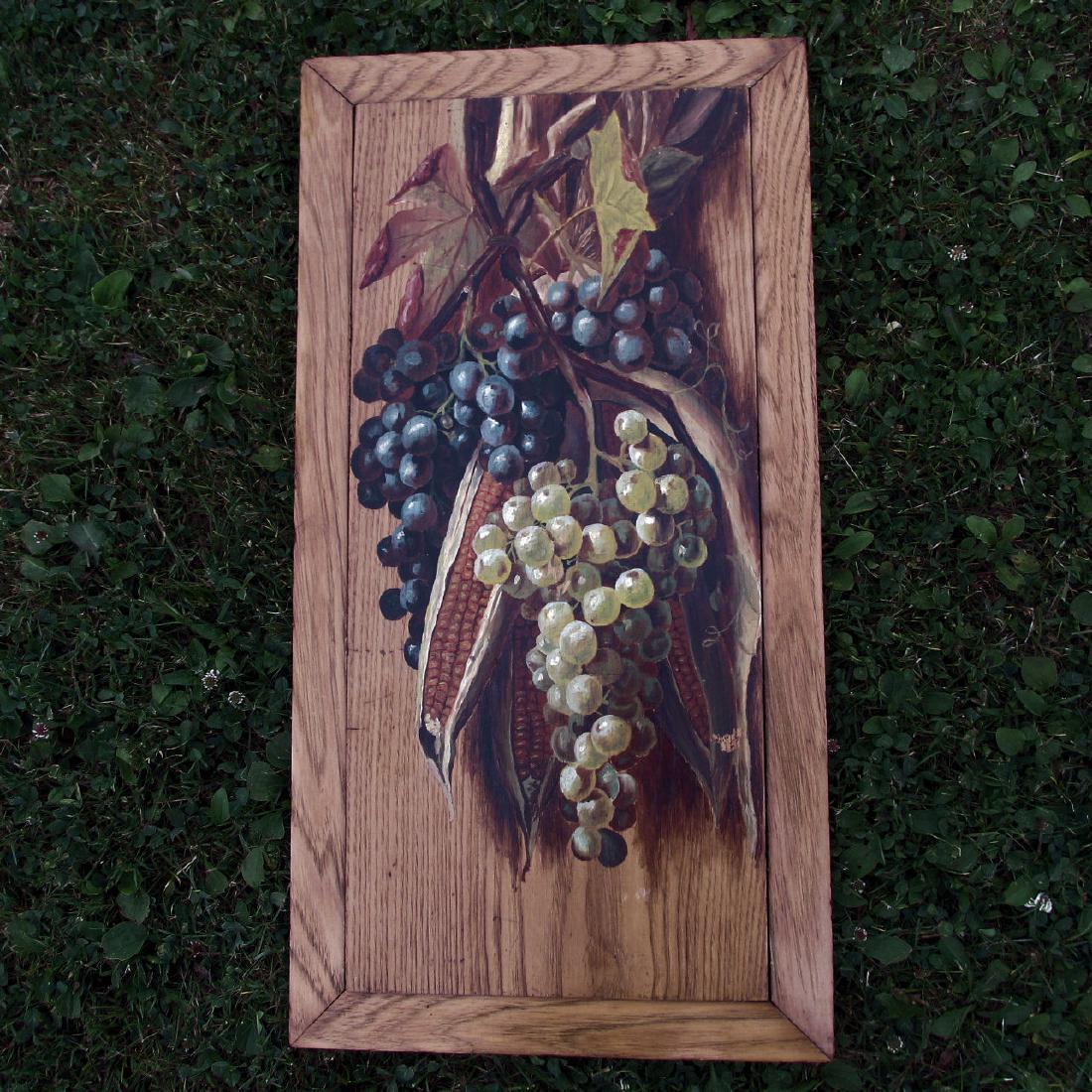 Antique Oil Painting, Grapes & Corn on Beveled Oak (1 of 7)