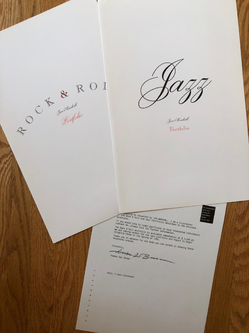 RARE 1992 JIM MARSHALL PORTFOLIO OFFER: RARE 1992 JIM MARSHALL PORTFOLIO OFFER. Famous Rock Photographer Jim Marshall Rock and Roll and Jazz Portfolio offer, including a rare offer letter from 1992. Includes two glossy portfolios with photo