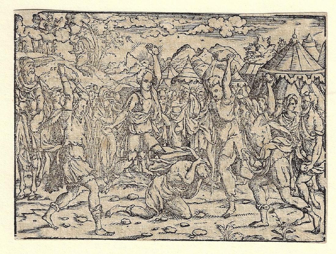 1564 Engraving Jost Amman of a Stoning: C1564 engraving of Jost Amman of the stoning of Naboth from the book of Kings. Fine condition, text on verso, mounted in paper frame tagged at top, measures 6 x 4.5". Please note that this lot has a c