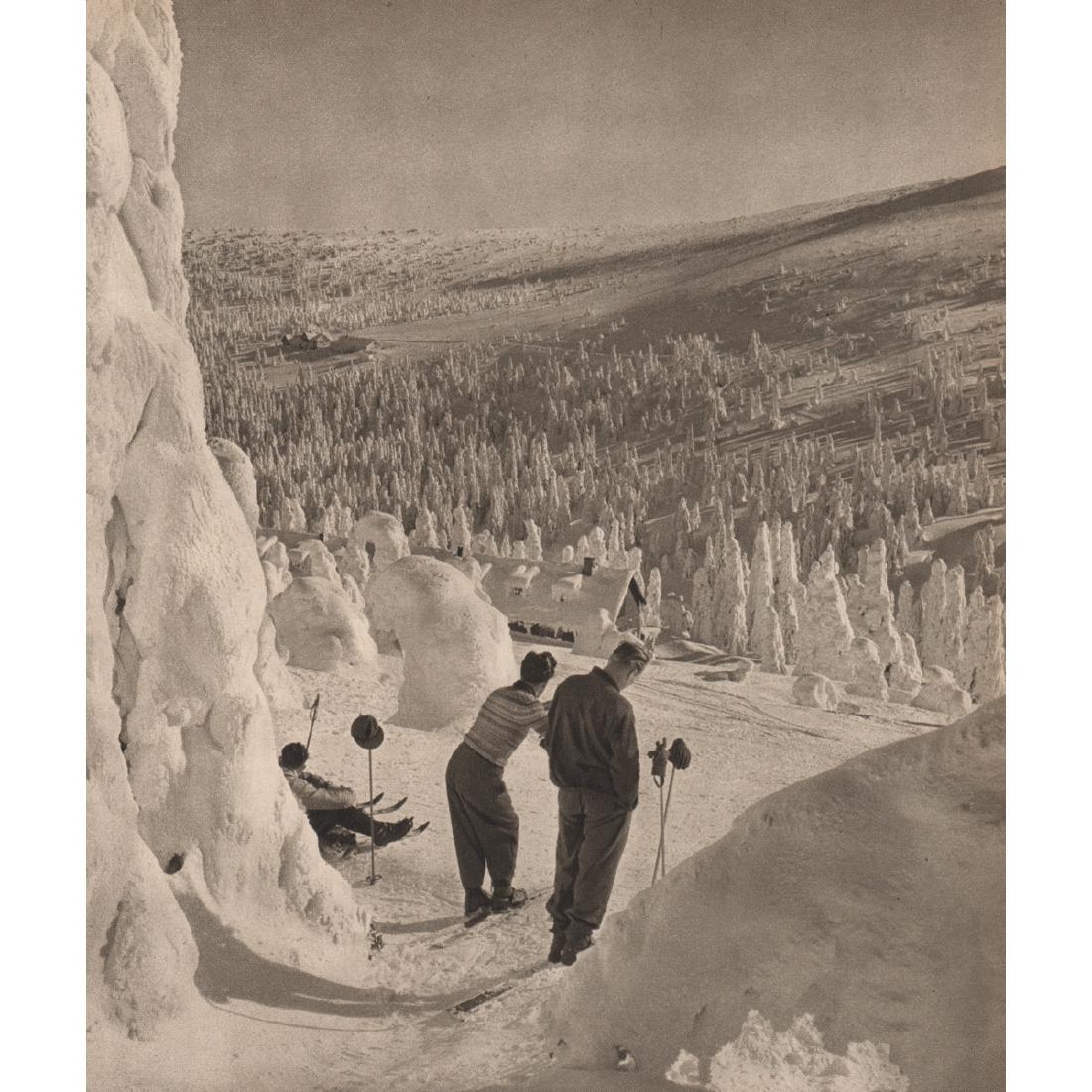 VILEM HECKEL - Skiers in the Jeseniky Mountains: Artist: VILEM HECKEL Print Title: Skiers overlooking the Ovcarna Lodge in the Jeseniky Mountains Medium: Sheet-Fed Gravure Printing Date: 1950's Printed in Czechoslovakia Image Size approx: 8.5 X 10.5