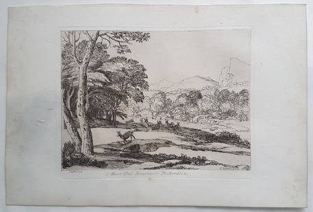 George Knapton Print Landscape With Deer: George Knapton (1698–1778) Landscape with Deers - 1735 (Later 19th century impression) Engraving & Etching 41x27.5 & 27x21cm Large sketchy engraving with wide margins depicting an landscape with