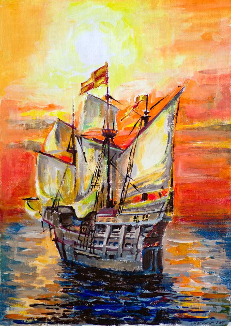 Sea Spirit Sunset Sails Acrylic Painting Signed (1 of 4)