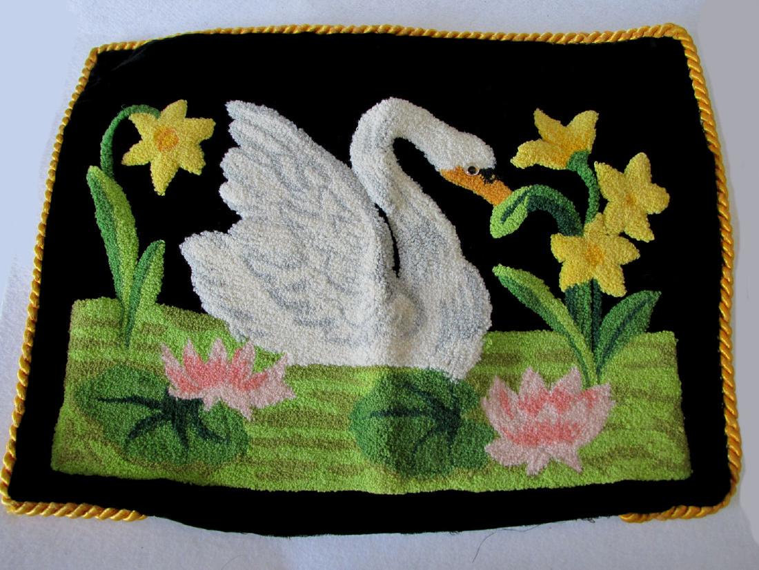 Antique Folk Art Hooked Pillow with Swan & Water Lily (1 of 2)