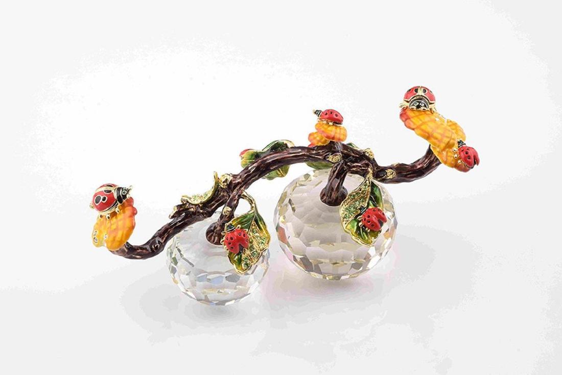 After Fabergé: Ladybugs Trinketbox on a Branch: Item: After Fabergé: Ladybugs Trinketbox on a Branch Maker: Keren Kopal Origin: France Date/Period: 2017 Materials: Metal alloy base Plated with 24K Gold or 925 Silver and Strass Crystals Size: L 7.4