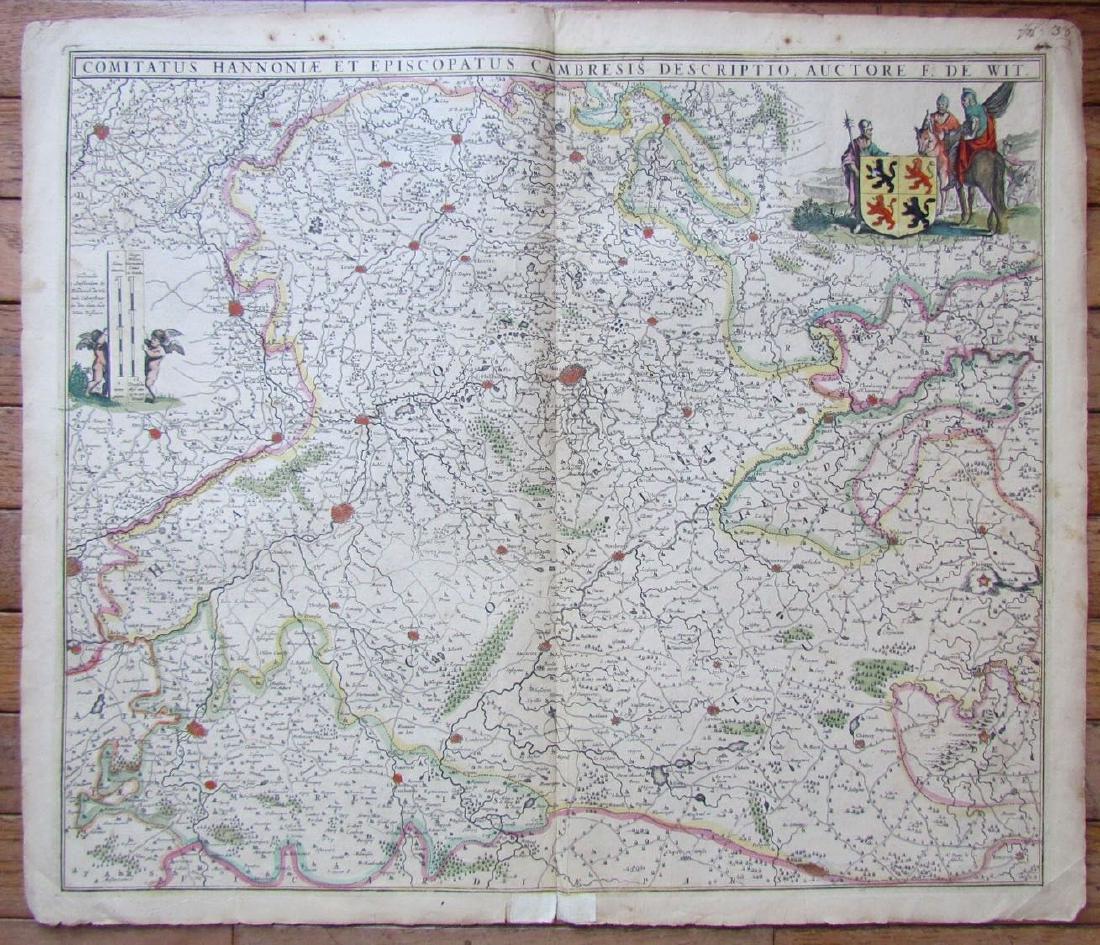 1690 ANTIQUE MAP OF HANNONIA BELGIUM by Frederik de: 1690 ANTIQUE MAP OF HANNONIA BELGIUM COMITATUS HANNONIAE ET EPISCOPATUS CAMBRESIS DESCRIPTIO AUTORE F. DE WIT Copper-plate engraved map printed on laid paper,hand colored, no text on the verso By Fred