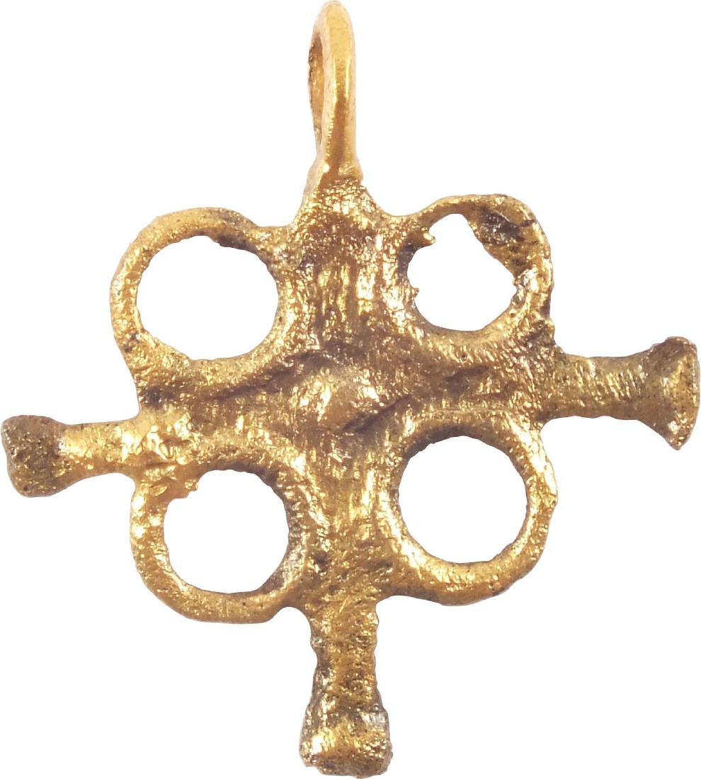 VIKING SLAVE PENDANT C.850-1050 AD: Over ¾" height, cross form with large circles at corners of the beam intersection. Found in a Viking settlement in the Baltic hinterland, it evidently was the cross of a Christian slave, of which tho