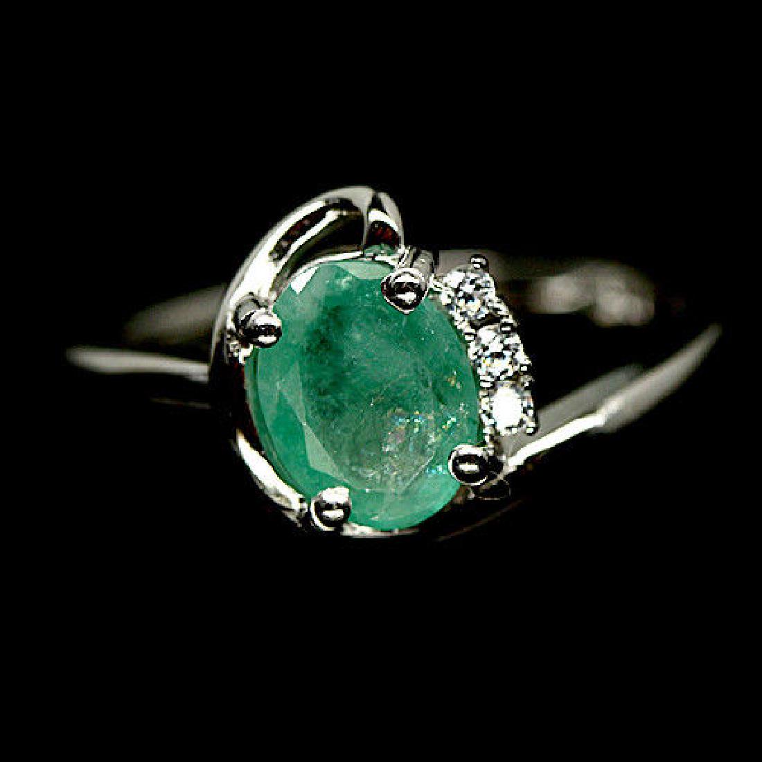 GREEN EMERALD & WHITE CZ STERLING 925 SILVER RING sz 7 (1 of 3)