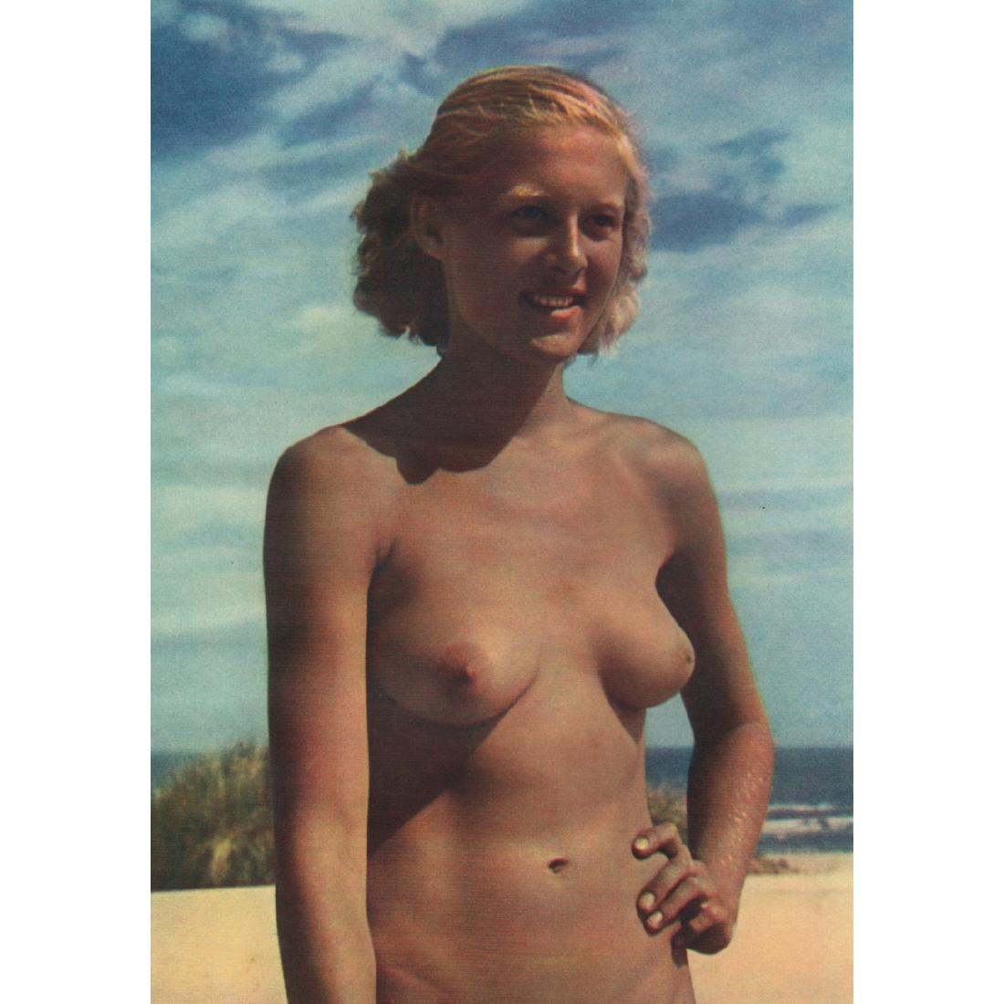 KURT REICHERT - Nude on the Beach: Artist: KURT REICHERT Print Title: Nude on the Beach Medium: Color Sheet-Fed Gravure Printing Date: 1940's Printed in Germany Image Size: 4.5 X 6.5 inches Please note that this lot has a confidential 