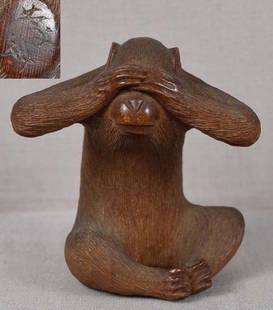19c okimono SEE NO EVIL MONKEY by netsuke carver KOSAI: 19th century wooden okimono of one of the 3 wise monkeys of "see no evil, hear no evil, speak no evil” fame - this one covering its eyes is called Mizaru. Excellent crisp carving, extraordinary