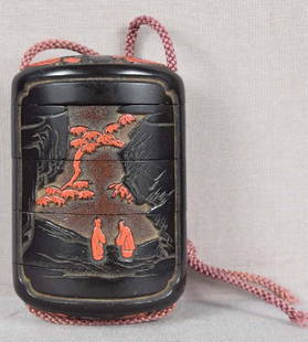 19c Japanese lacquer INRO (no netsuke) SCHOLARS: 19th century small black and red Japanese lacquer 4-compartment inro with two different carved scenes of two scholars in discussion under rocks (one with waterfall cascading off it) with bamboo