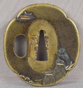19c sentoku Japanese sword TSUBA OWL by YASUTOSHI: 19th century or earlier signed sentoku (copper alloy with zinc, lead and tin) floriform Japanese sword tsuba inlaid in various metals with an owl seated on one of the rice sheafs by bamboo grass and