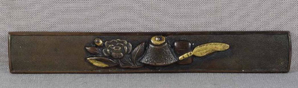 19c Japanese sword KOZUKA peony & TEA CEREMONY items: Early 19th century Japanese sword kozuka (sword knife) handle with relief decoration of a peony flower and a bud on a branch with leaves and 2 utensils for a tea ceremony: kama (a kettle), chaire (a
