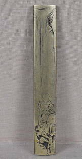 19c Japanese sword paktong KOZUKA pilgrim at Kirifuri: Early 19th century Japanese sword kozuka (sword knife) handle with engraved decoration of a man enjoying a cup of sake that he poured from a double gourd in his hand, his straw hat hanging on a woven