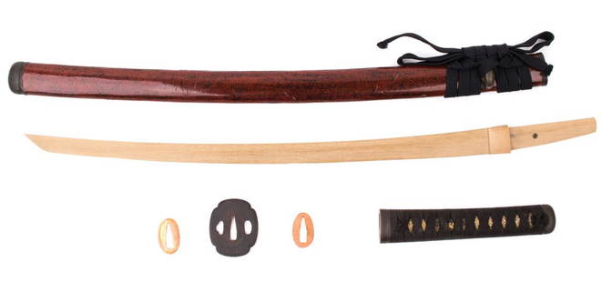 Wakizashi Koshirae - Full set of Matching Fittings: Title: Wakizashi Koshirae - Full set of Matching FittingsDate/Period: 19th centuryDimensions: Lenght: 78,5 cm Saya: 58,5 cm Tsuka: 18,5 cm Blade of tsunagi: 52,7 cm Nakago of tsunagi: 9,7 mm Antique