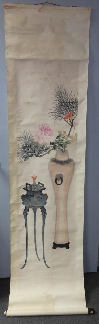 Large painting of a floral vase and incense tripot: Title: Large painting of a floral vase and incense tripot Origin: China Date/Period: 20th ceutury Materials: painting on paper Dimensions: picture size about 17" x 67"H painting of a floral vase and i