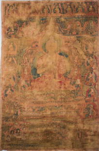 Large Thangka depicting Buddha Sakyamuni: Title: Large Thangka depicting Buddha SakyamuniOrigin: Date: 16th centuryMaterials: Ink and opaque watercolors on clothSize: hight cm 62,00 x 96,00 Noteworthy painting on canvas depicting the
