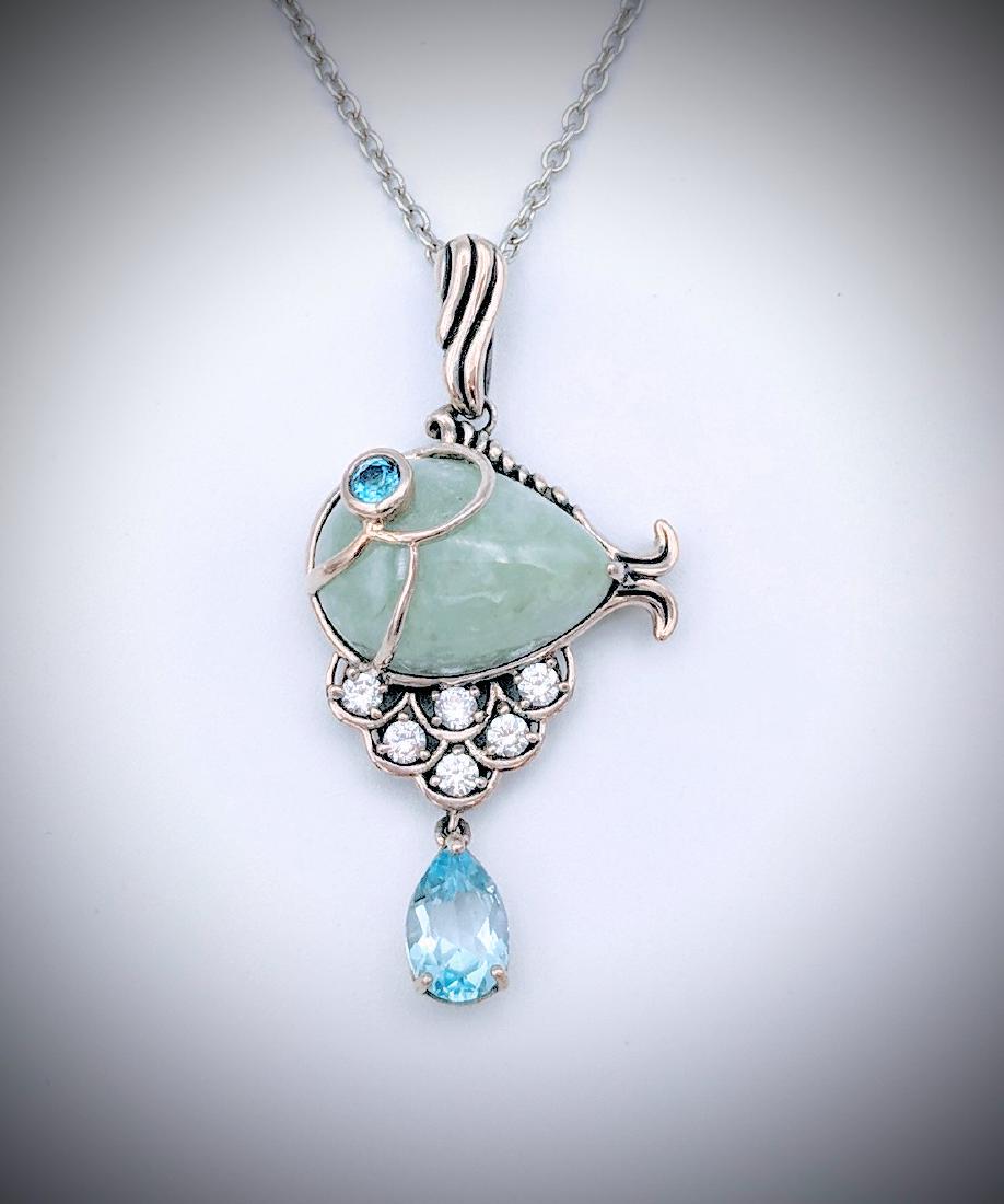 Sterling Silver Necklace and Fish Designed Jade Pendant (1 of 3)