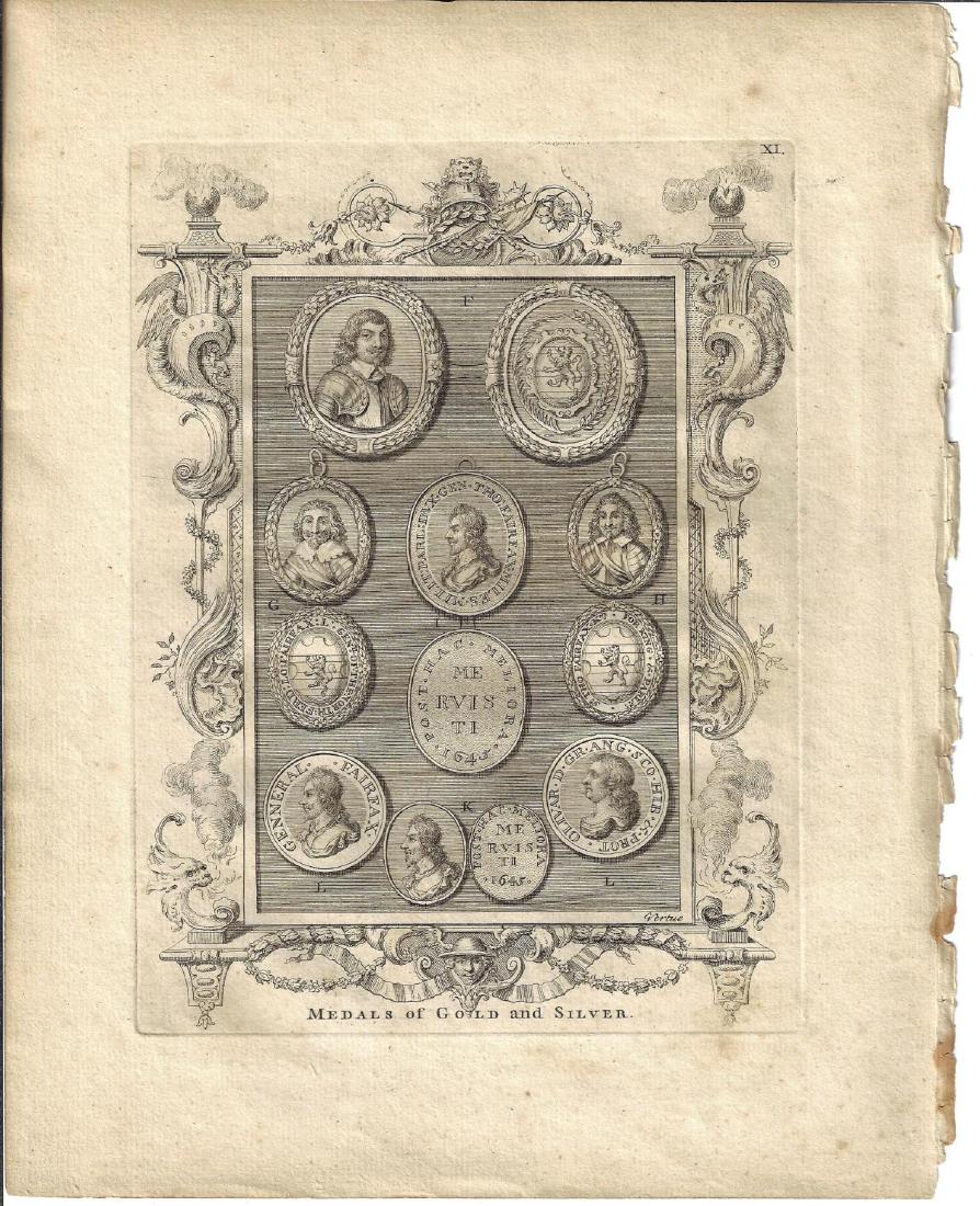 1753 Engraving Medals of King Charles I: Engraving of medals of Charles I, by George Vertue, 1753. Fine condition, measures 9 x 11". Please note that this lot has a confidential reserve. When you leave a bid in advance of the auction, submit