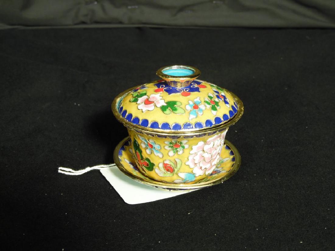 20th Century Yellow Cloisonne Teacup w/Lid & Saucer (1 of 2)