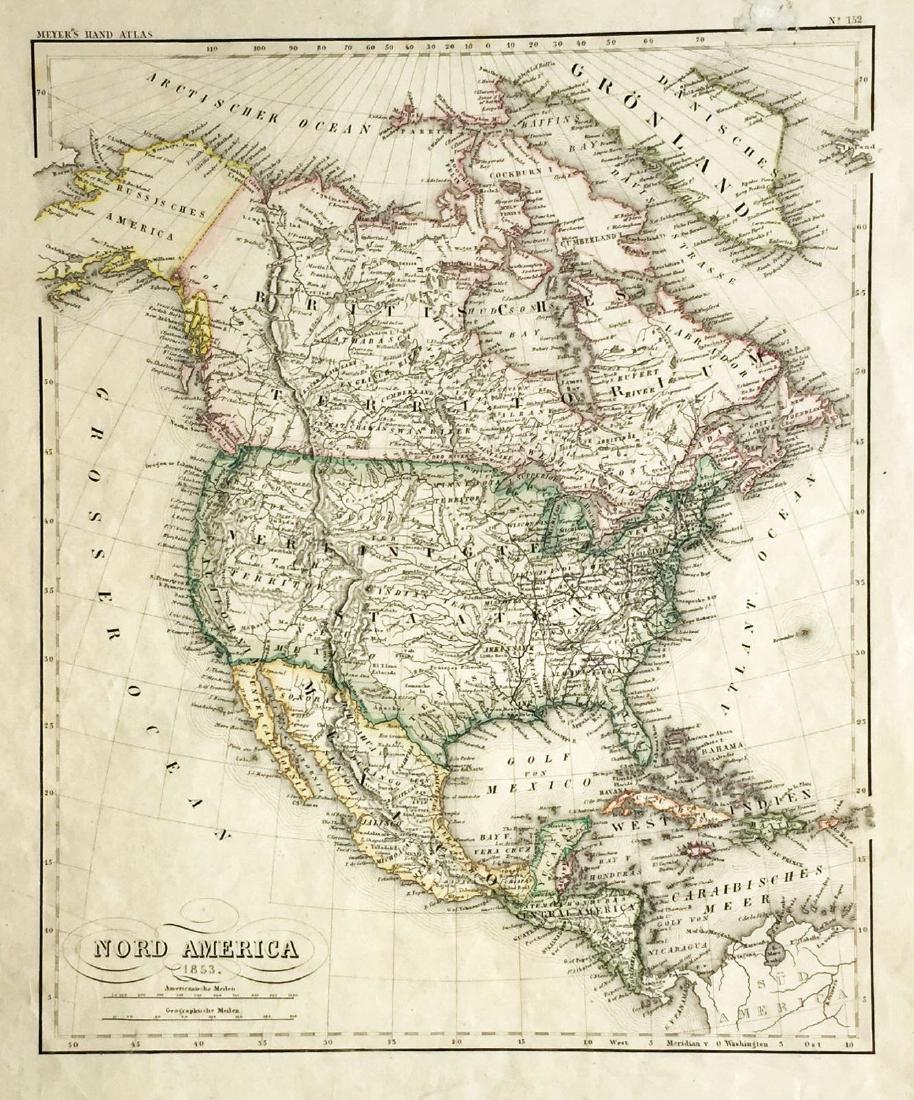 Meyer: North America in 1853: Map: Nord America Cartographer: Joseph Meyer / Bibliographischen Instituts. Place/Date: Hildburghausen / 1853 Size: 11 3/4" x 14 3/8" Condition: original outline color; overall age toning, minor spott
