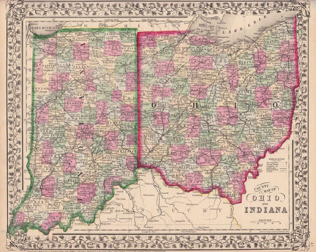 Mitchell: County Map of Ohio and Indiana: Map: County Map of Ohio and Indiana Cartographer: S. A. Mitchell Place/Date: Philadelphia / 1870 Size: 14" x 11 3/4" Condition: full color; light overall age toning The beautifully detailed and colore