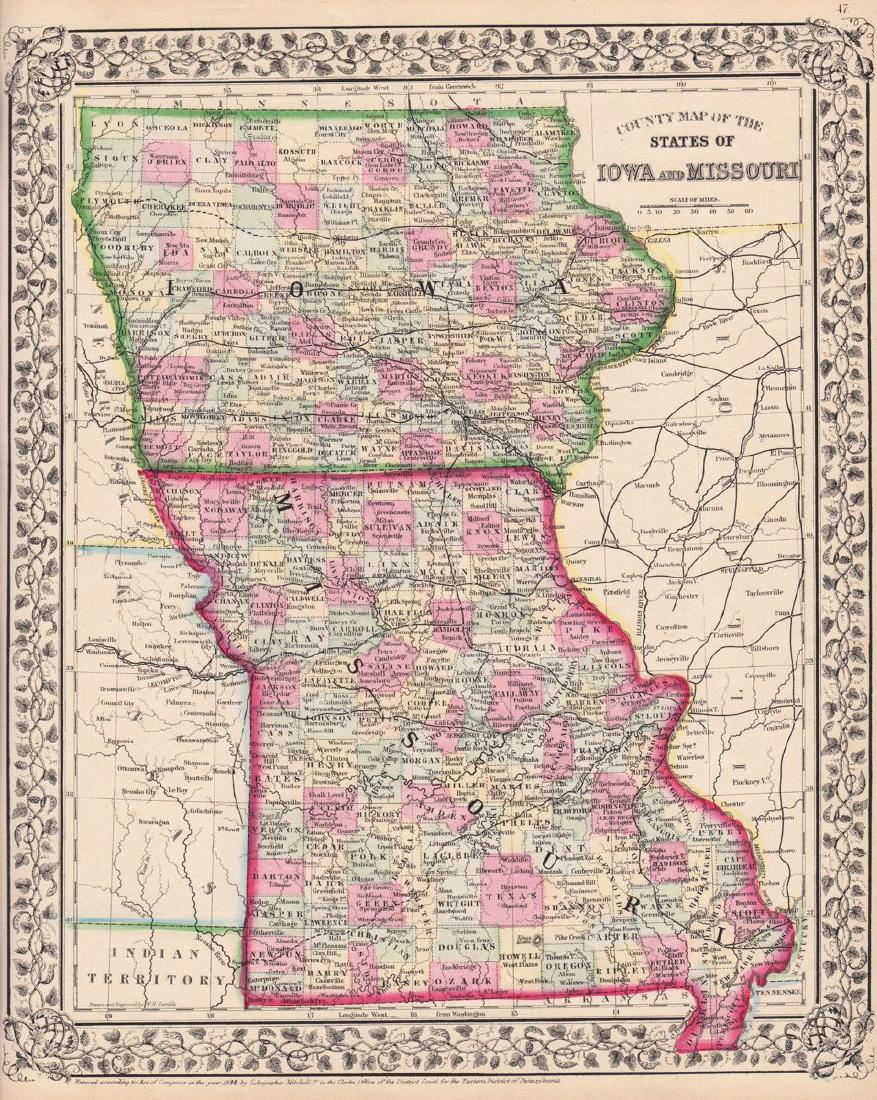 Mitchell: County Map of Iowa and Missouri: Map: County Map of the States of Iowa and Missouri Cartographer: S. A. Mitchell Place/Date: Philadelphia / 1870 Size: 10 3/4" x 13 5/8" Condition: full color; light overall age toning The beautifully 