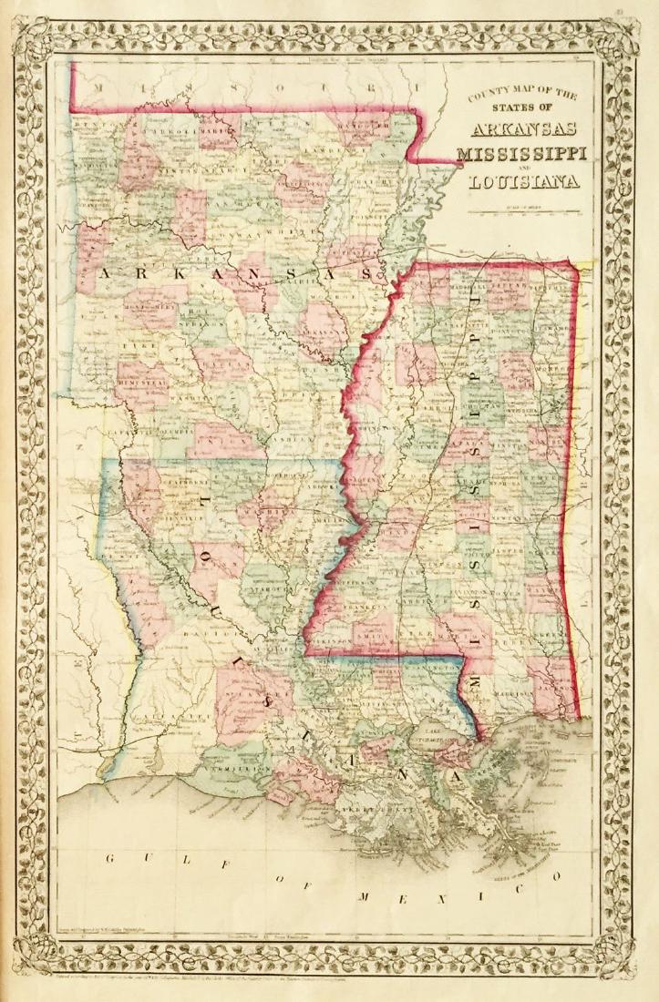 Mitchell: Arkansas, Mississippi, Louisiana County Map: Map: County Map of the States of Arkansas, Mississippi, and Louisiana Cartographer: S. A. Mitchell Place/Date: Philadelphia / 1870 Size: 13 5/8" x 21" Condition: full color; overall age toning The bea