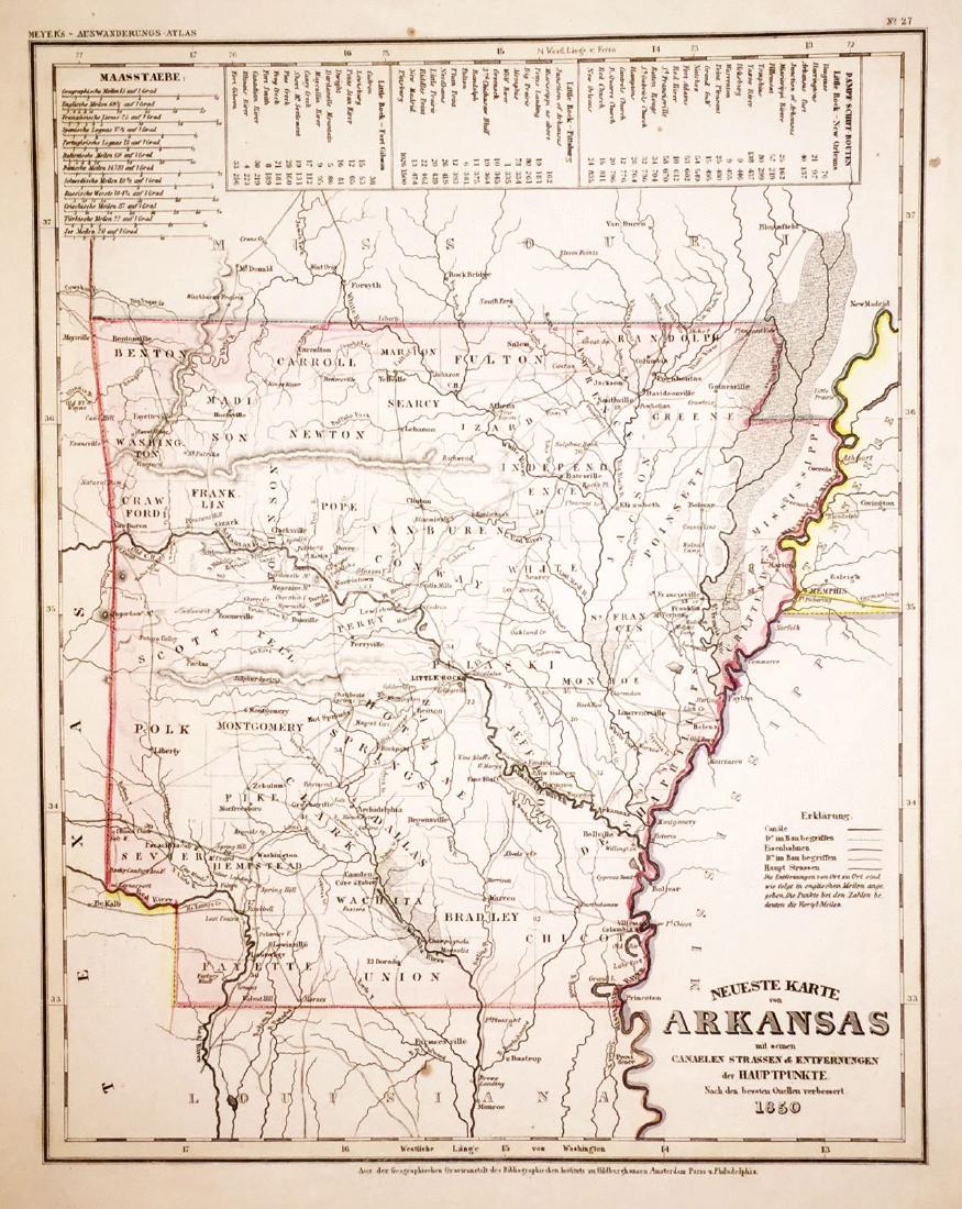 Meyer: Arkansas 1850: Map: Neueste Karte von Arkansas 1850 Cartographer: Bibliographischen Instituts. Place/Date: Hildburghausen / 1849/1857 Size: 11 3/4" x 14 5/8" Condition: original outline color; light overall age toni