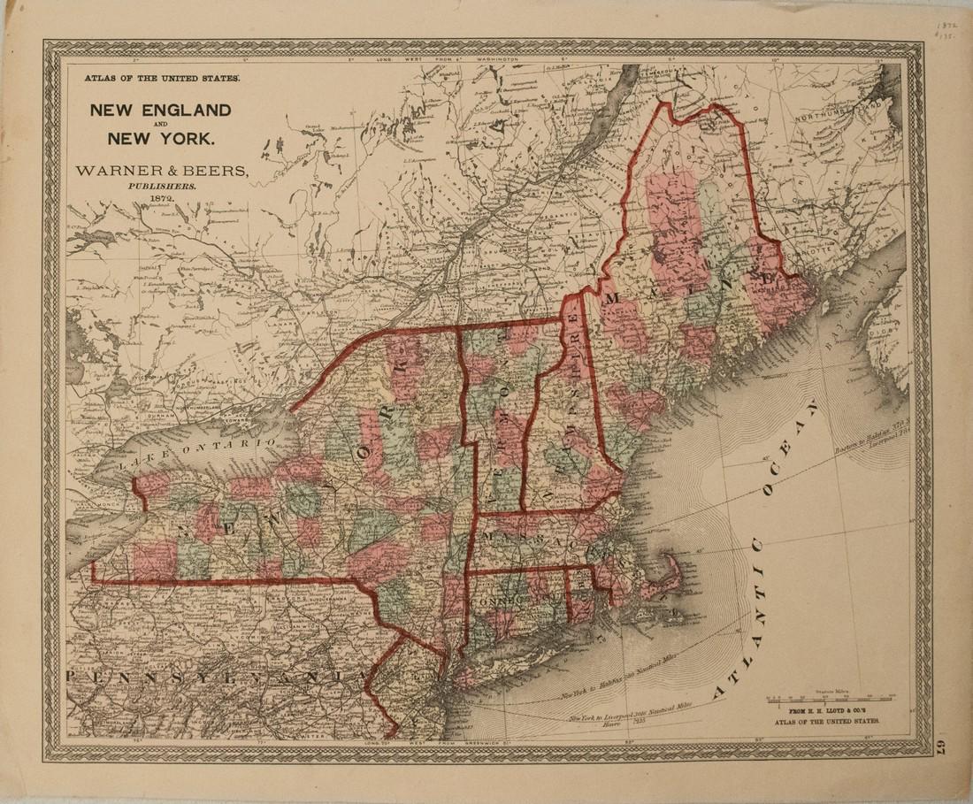 1872 Warner Beers Map of New England and New York --: Title/Content of Map: 1872 Warner Beers Map of New England and New York -- New England and New York Date: 1872, Chicago Cartographer: Warner Beers Size: 13.2 x 16 in. This is a nice map of the new Eng