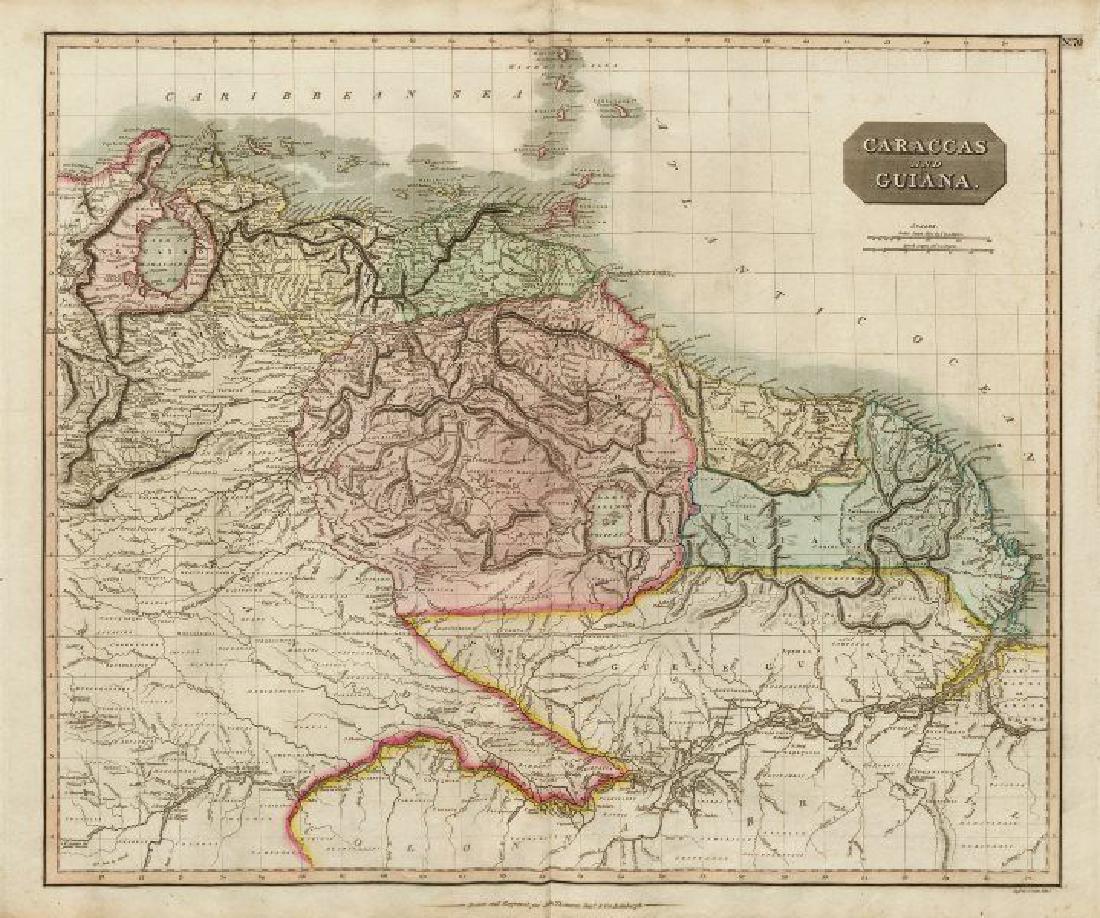 Caraccas and Guiana by John Thomson. Venezuela Guyana: TITLE/CONTENT OF MAP: 'Caraccas and Guiana' DATE PRINTED: 1817 IMAGE SIZE: Approx 53.5 x 64.5cm, 21.25 x 25.25 inches (Large); Please note that this is a folding map. TYPE: Antique early 19th century