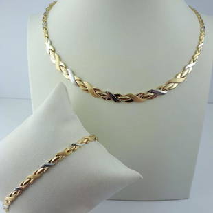 Necklace & Bracelet Set, 14 kt Yellow and White Gold: Item: Necklace & Bracelet Set, 14 kt Yellow and White GoldMaterials: goldSize: Necklace: 42cm, Bracelet: 20cm -Necklace & Bracelet Set, -14(585) kt Yellow and White Gold -Size:Necklace: 42cm,