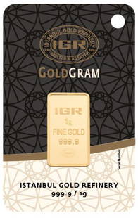 1 G Sealed Bullion Fine Gold Bar 999,9/1000: Item: 1 G Sealed Bullion Fine Gold Bar 999,9/1000Materials: GOLDSize: Minted Bar 1 Gr Sealedd Fine Bullion Gold Bar, Manufacturer: Istanbul Gold Refinery 24 K ( 999,9/1000 ) shipped item might have