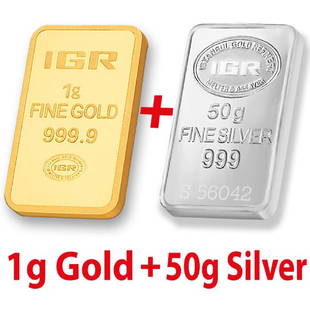 IGR- 1 gr. gold + 50 gr. silver - 999/1000 - Minted/: Item: IGR- 1 gr. gold + 50 gr. silver - 999/1000 - Minted/ SealedMaterials: Gold & SilverSize: - Silver Bar 5x3x0.7cm -Gold Bar:8.62 x 15.33 x 0.19 mm -1g Fine Gold + 50g Fine Silver Bullion Bar