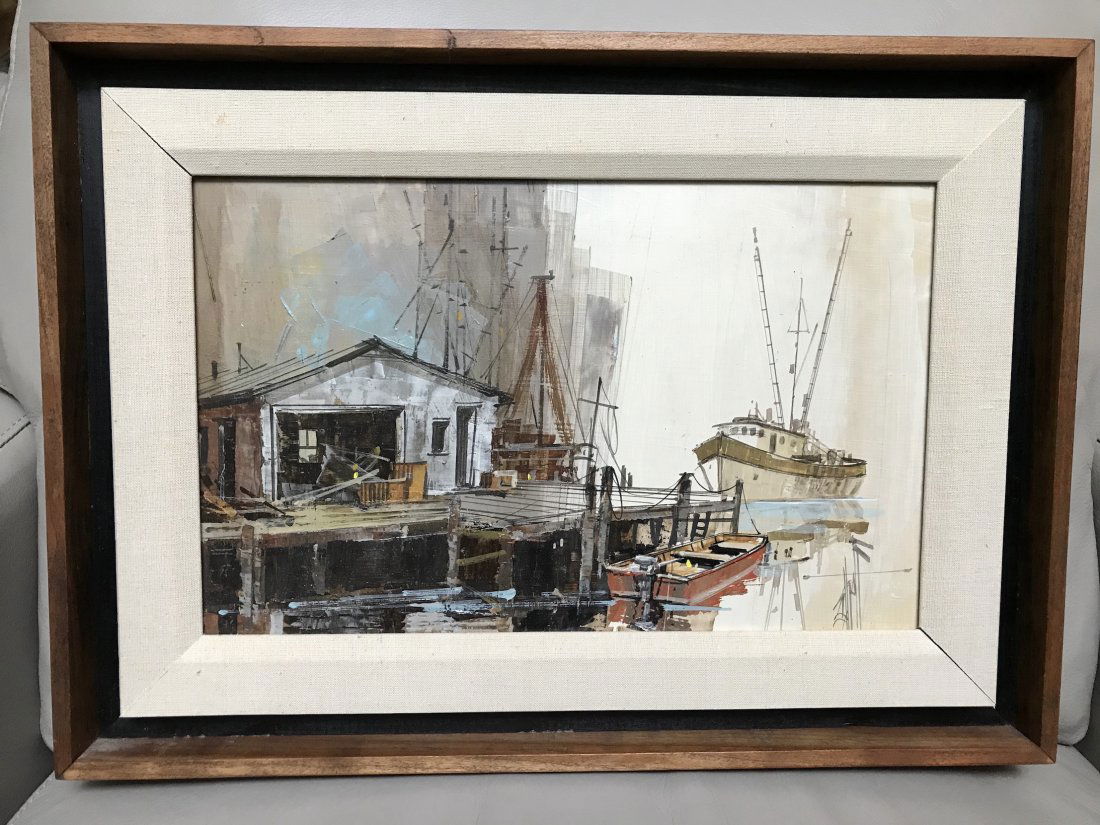 Edward Elhoff Framed Oil on Wood Shrimp Wharmf (1 of 4)