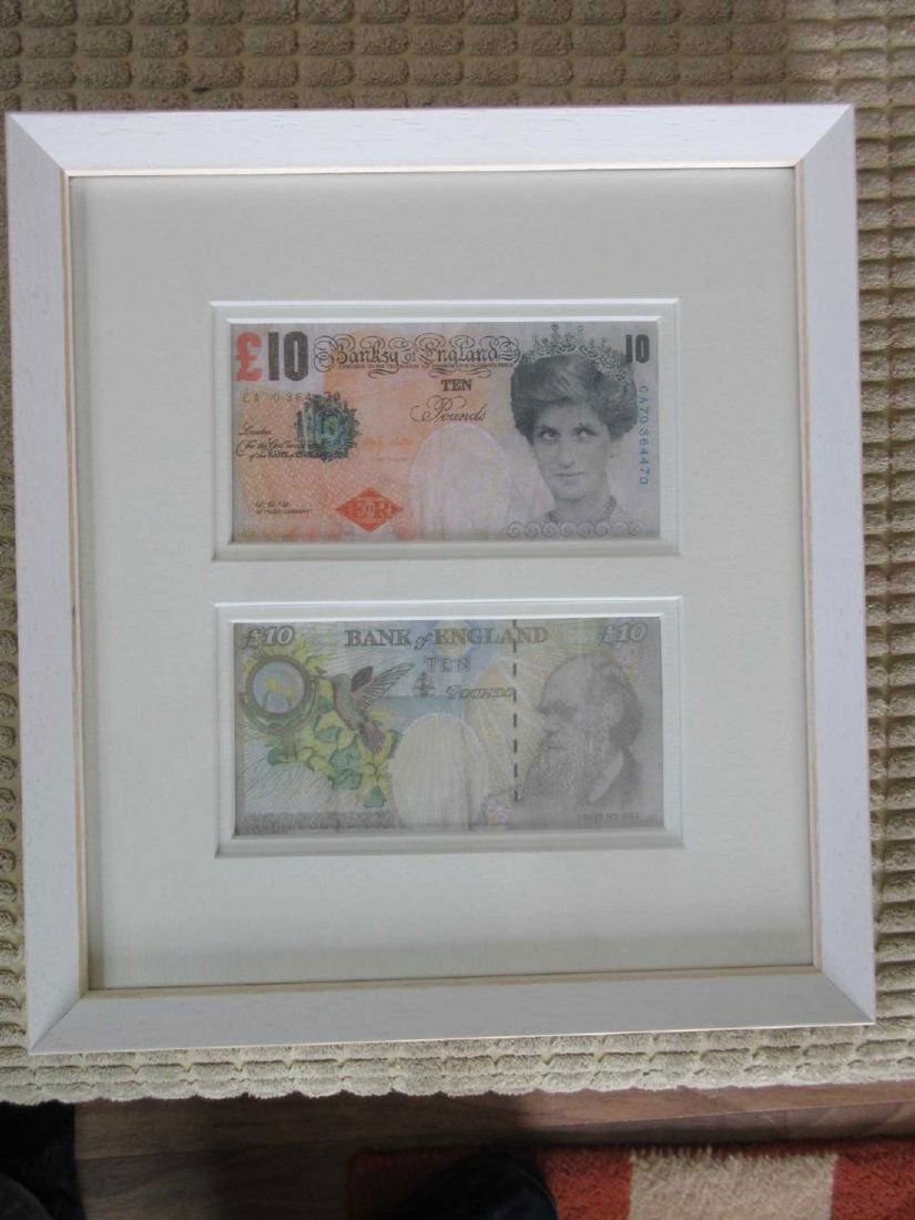 Two White framed Banksy Difaced Tenners (1 of 4)