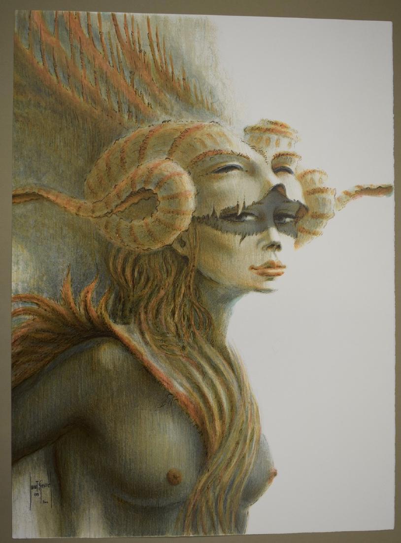 Femme avec Masque Lithograph The Seventies: Lithograph printed in colours. Vellum paper Arches. Signed and numbered in pencil. Edition: E.A. Francis de Saint-Genies France The Seventies Vellum paper Arches Paper: 75 x 55 cm. Image: 75 x 55 cm. 