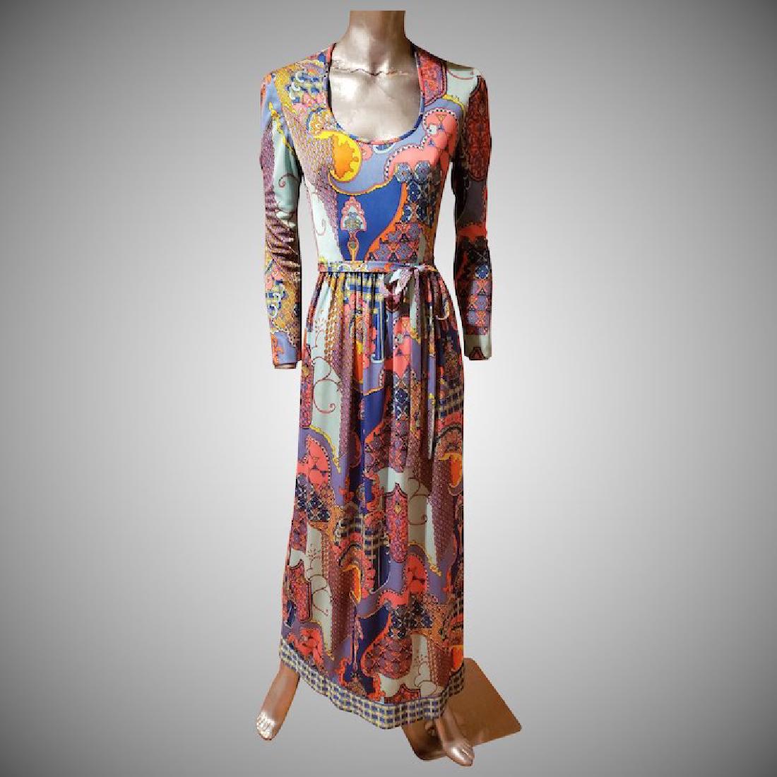 Collector's Item by Anne Fogarty 1960's op art maxi: Beautiful Anne Fogarty Collector's item multi colored op art maxi dress Belt made of the same fabric and back zipper. 1960's Era. In amazing vintage condition Made in the British Crown Colonies of Hon