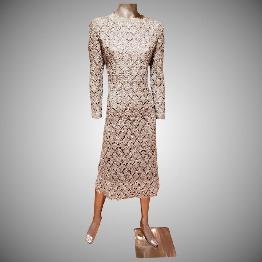Vtg Jerri Frenell embellished couture dress: Amazing hand crochet midi silver lame' sheath dress. By couturier Philippe Gaulier lined with silk crepe and satin. Amazing design and look. Bust-42" Waist-38" Hip-46" No Reserve: This lot starts at t