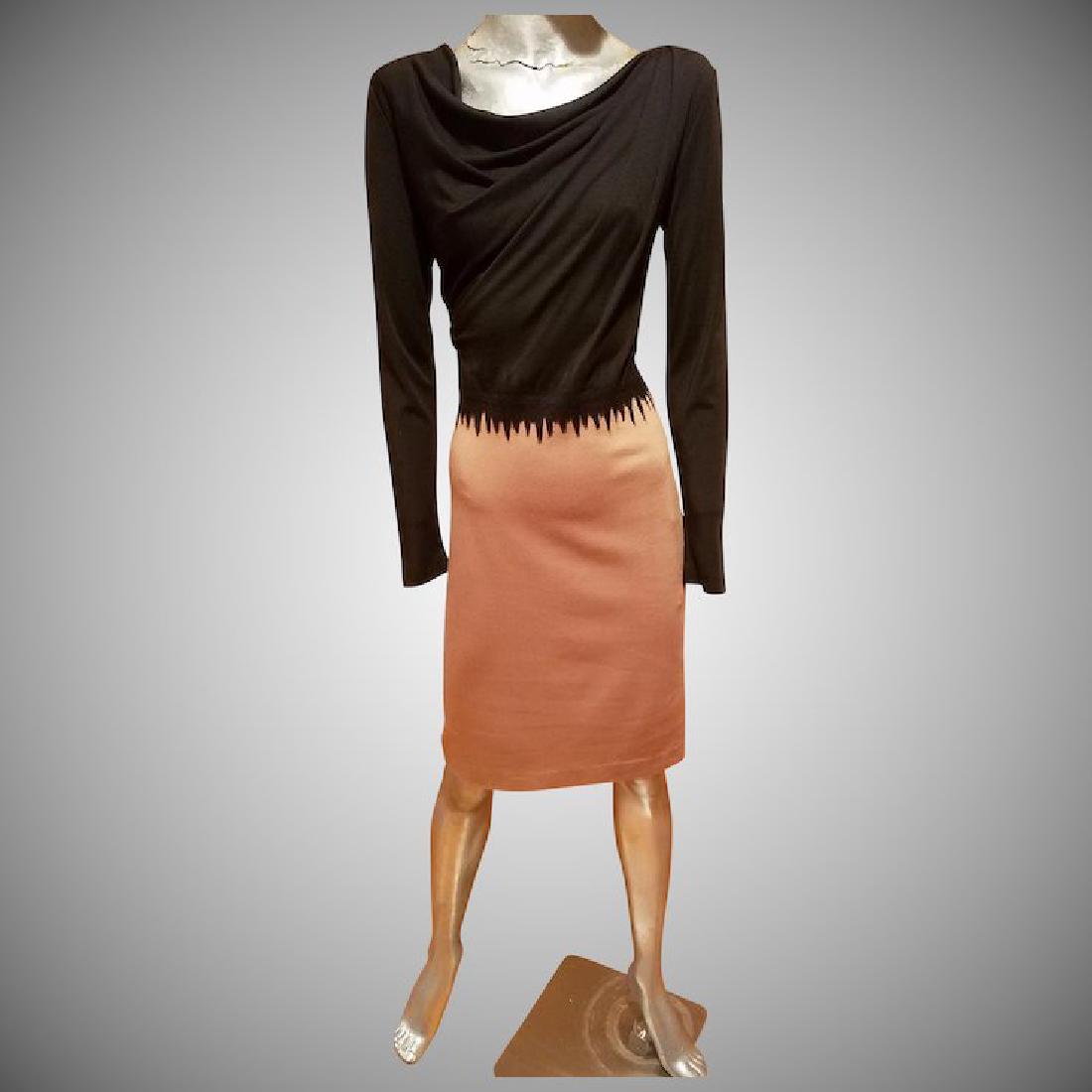 Escada Couture Germany beige/black draped wool blend: A stunner and a classic Escada Couture draped wool blend dress long sleeves and gorgeous details. Lined and couture finished. In very good vintage condition Bust-36" Wasist-32" Hip-38-39" No Reserve: